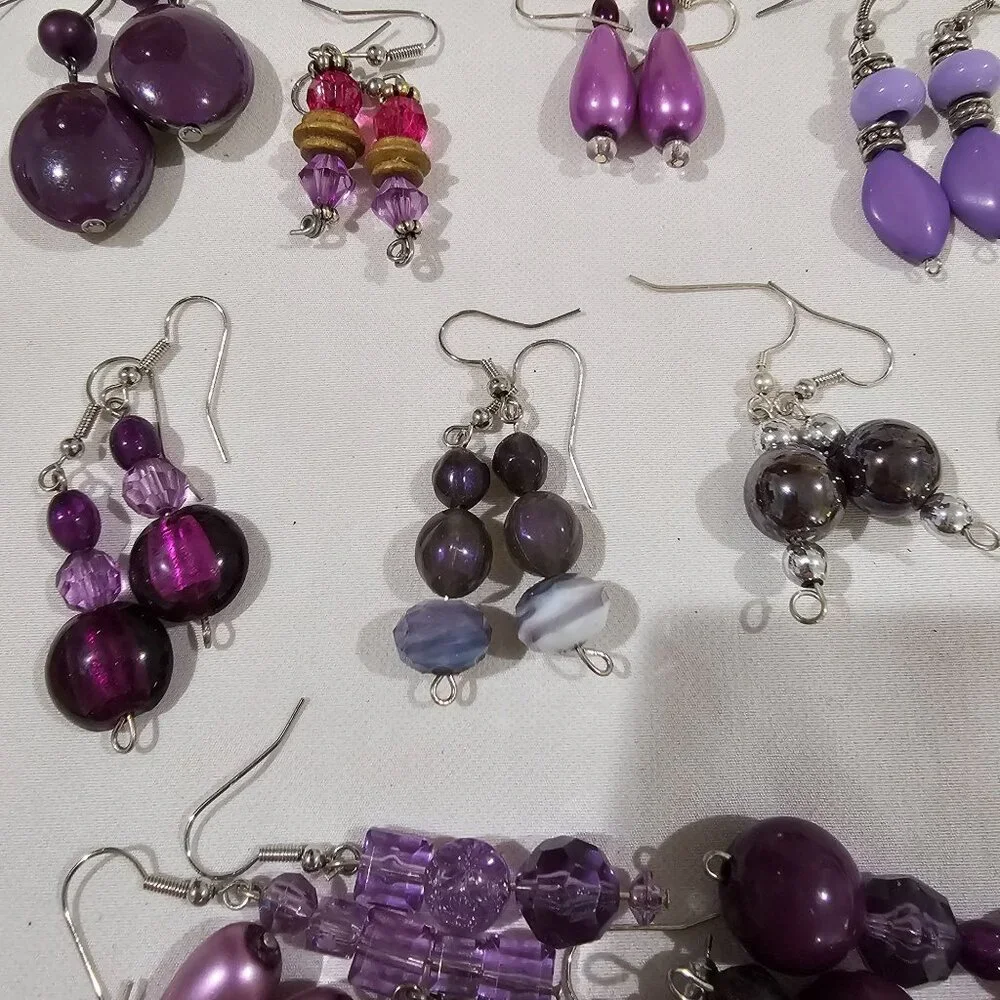 Purple Bead Earrings / Lot of 14 /‎ also miscellaneous mismatched pieces